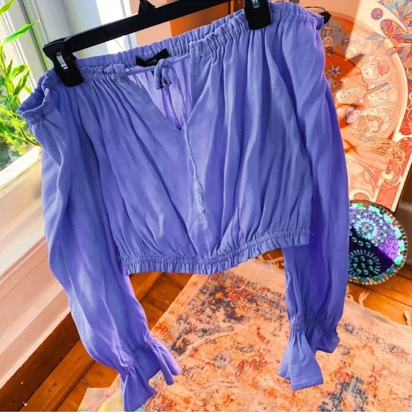 Periwinkle Blue Ruffle Peasant along Sleeved Off The Shoulder Crop Top - Picture 4 of 9